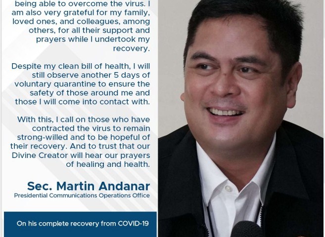 Statement of Presidential Communications Secretary Martin Andanar on his complete recovery from COVID-19