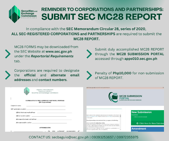 SEC-BEO REMINDS CORPORATIONS AND PARTNERSHIPS TO SUBMIT MC28 REPORT ON PAIN OF PENALTY