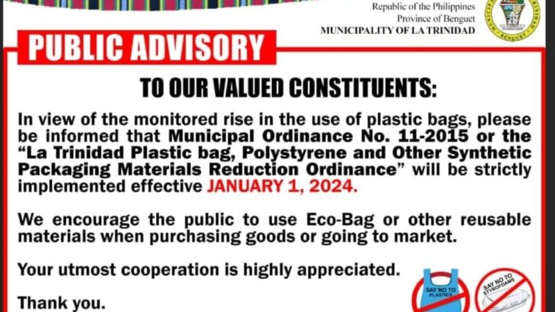 “NO to Plastic Bag!”  Strictly implemented effective January 1, 2024.