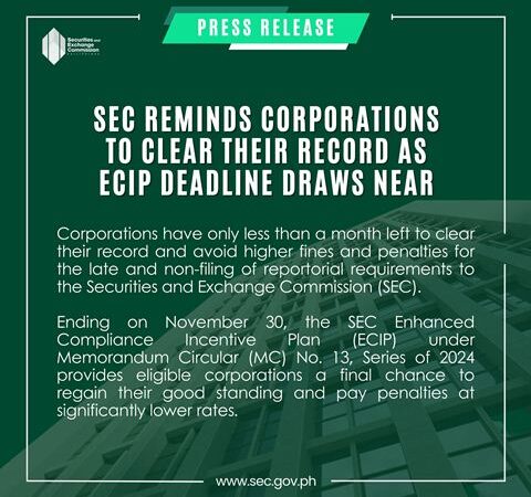 SEC reminds corporations to clear their record as ECIP deadline draws near
