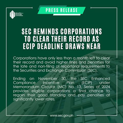 SEC reminds corporations to clear their record as ECIP deadline draws near
