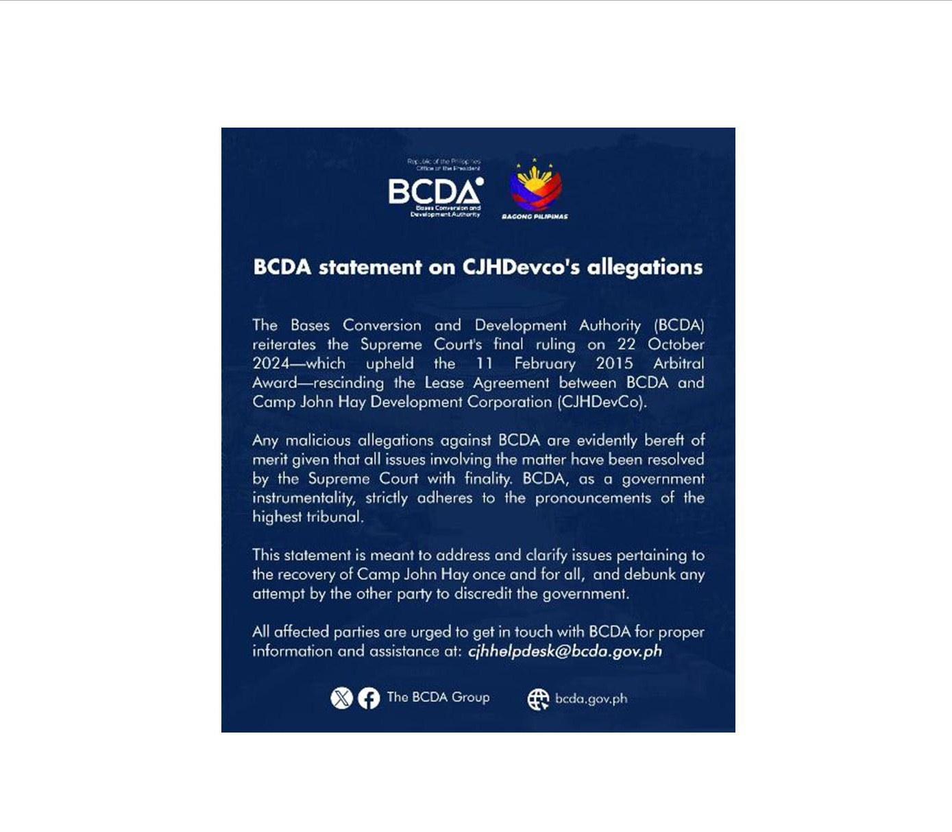 BCDA statement on CJHDevCo’s allegations
