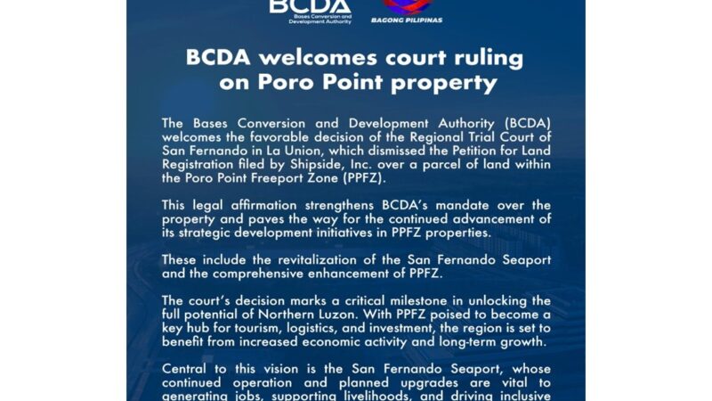 BCDA welcomes court ruling on Poro Point property