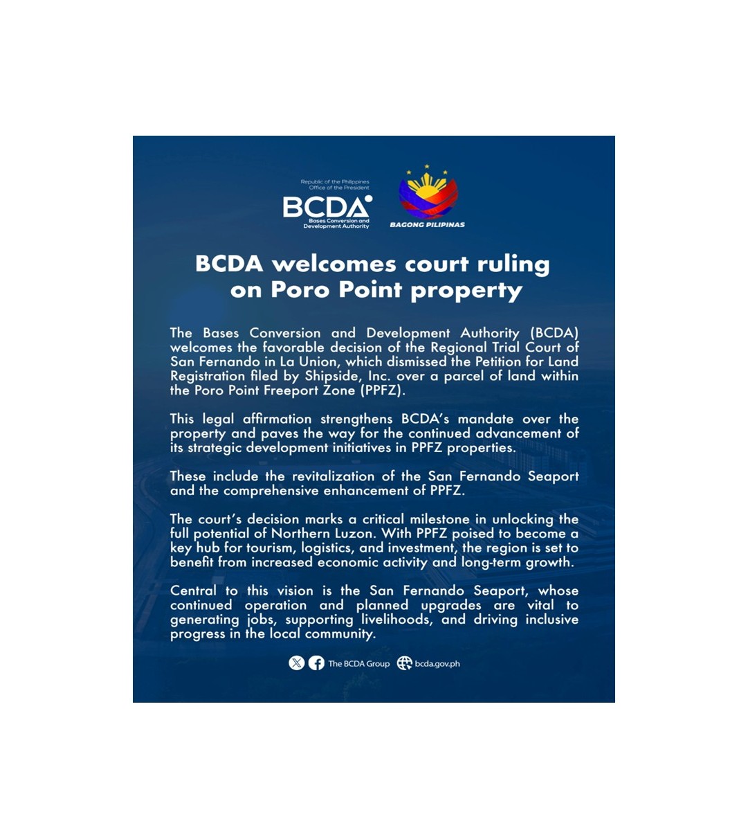 BCDA welcomes court ruling on Poro Point property