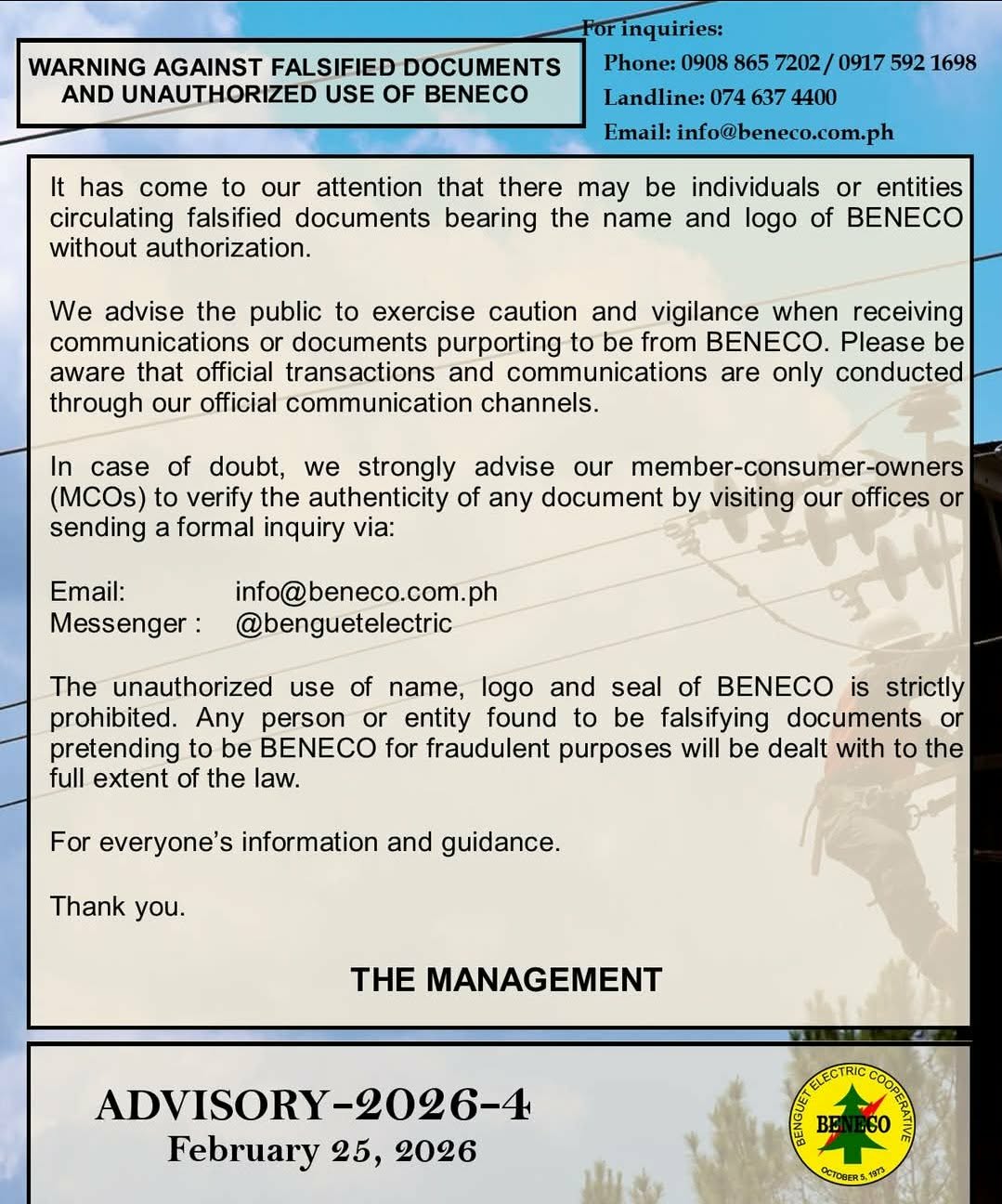 (ADVISORY-2026-4) WARNING AGAINST FALSIFIED DOCUMENTS AND UNAUTHORIZED USE OF BENECO LOGO