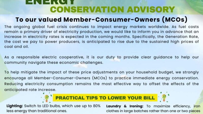 BENECO Urges Energy Conservation Amid Expected Power Rate Hike