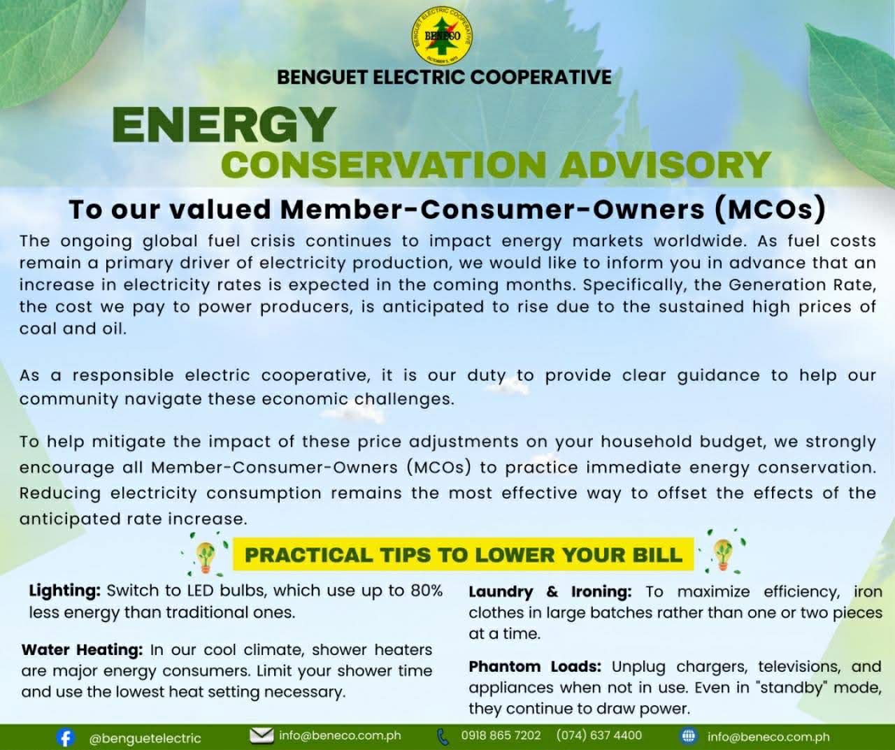 BENECO Urges Energy Conservation Amid Expected Power Rate Hike