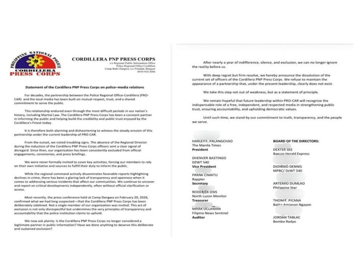Pahayag ng mga Opisyal ng PNP Press Corps Cordillera