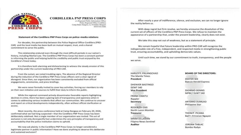 Pahayag ng mga Opisyal ng PNP Press Corps Cordillera