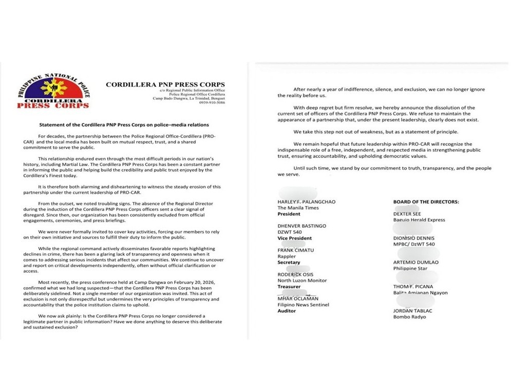 Pahayag ng mga Opisyal ng PNP Press Corps Cordillera
