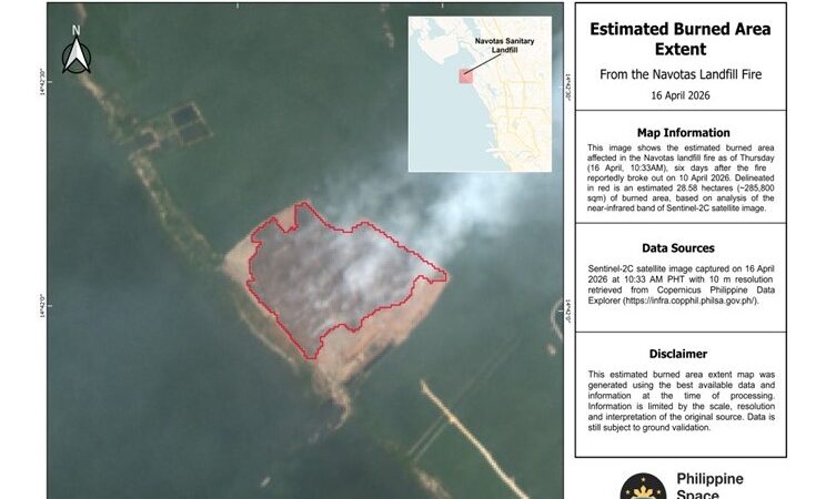 Satellite image on Thursday, 16 April, shows 28.6 hectares burned in Navotas landfill fire