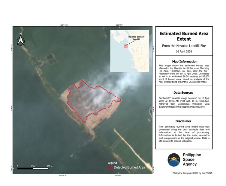 Satellite image on Thursday, 16 April, shows 28.6 hectares burned in Navotas landfill fire